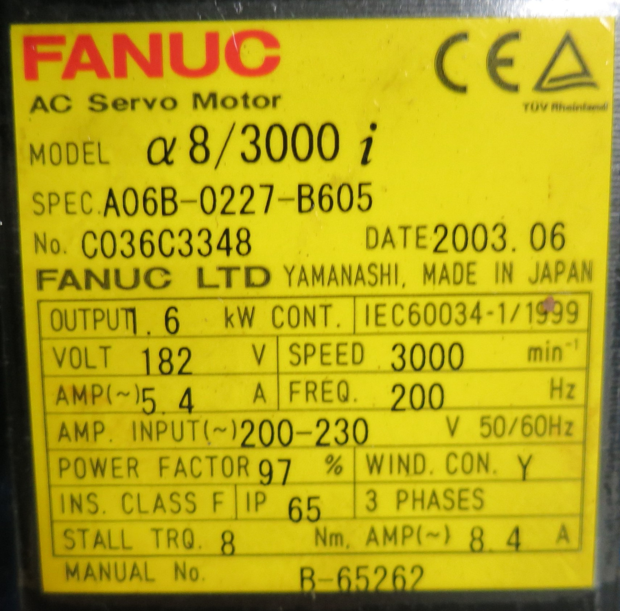 Fanuc aiF 8/3000 i A06B-0227-B605 3000 RPM AC Servo Motor 